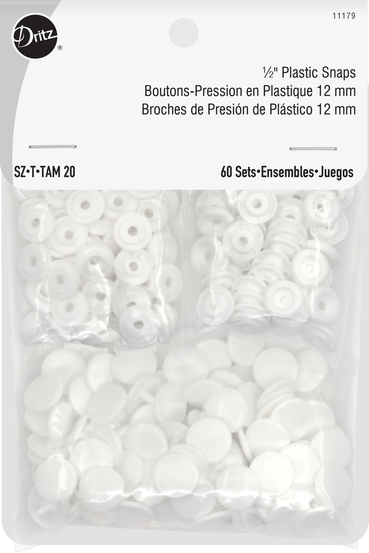 1/2" Plastic Snaps, White, 60 Sets