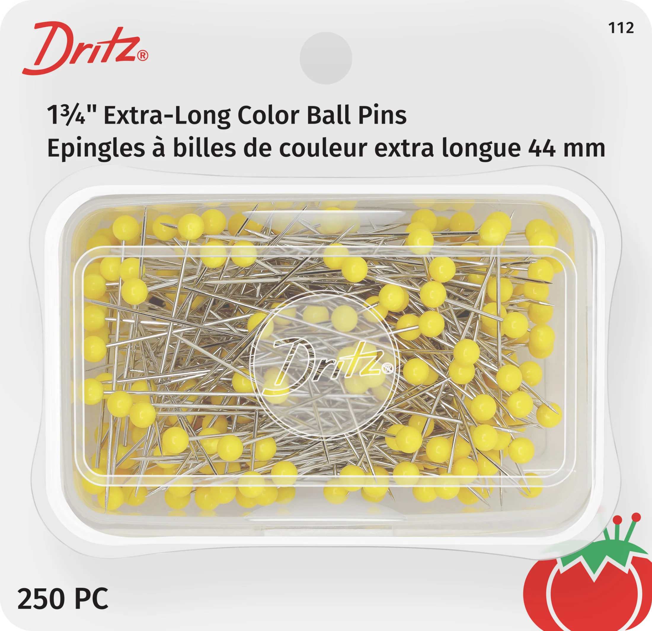 1-3/4" Extra-Long Color Ball Pins, Yellow, 250 pc