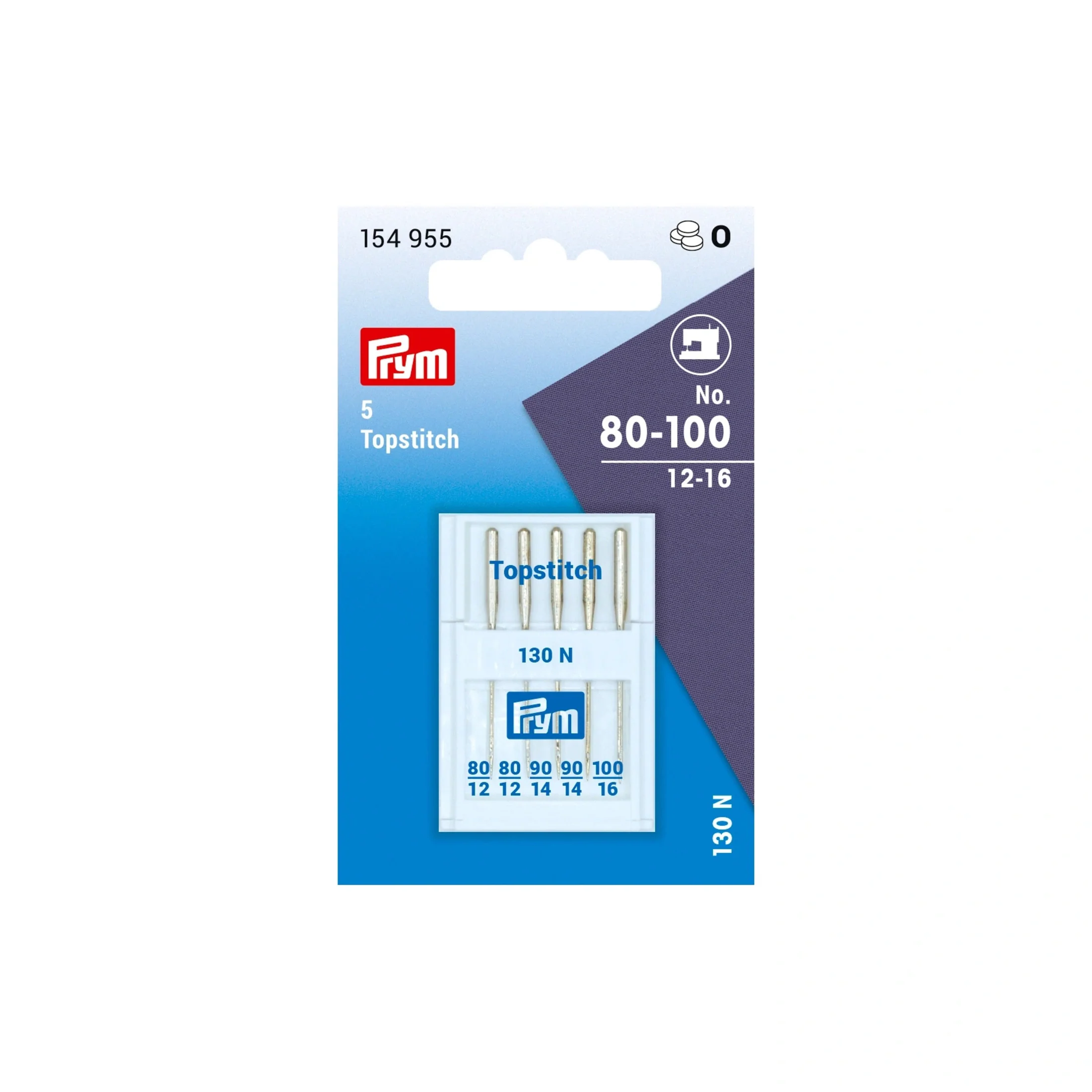 Topstitch Sewing Machine Needles, Sizes 12-16 (No. 80-100), 5 pc