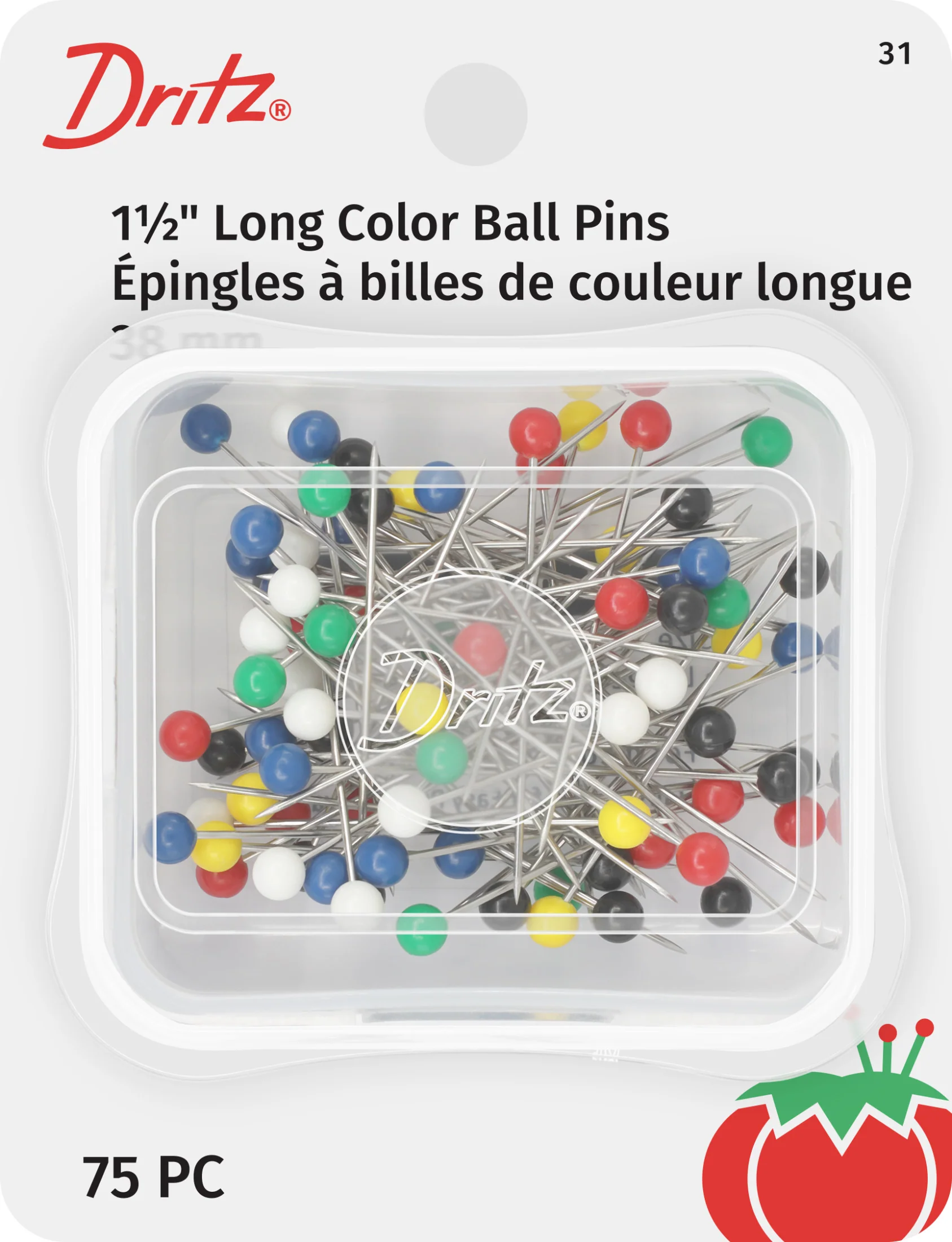 1-1/2" Long Color Ball Pins, Assorted, 75 pc