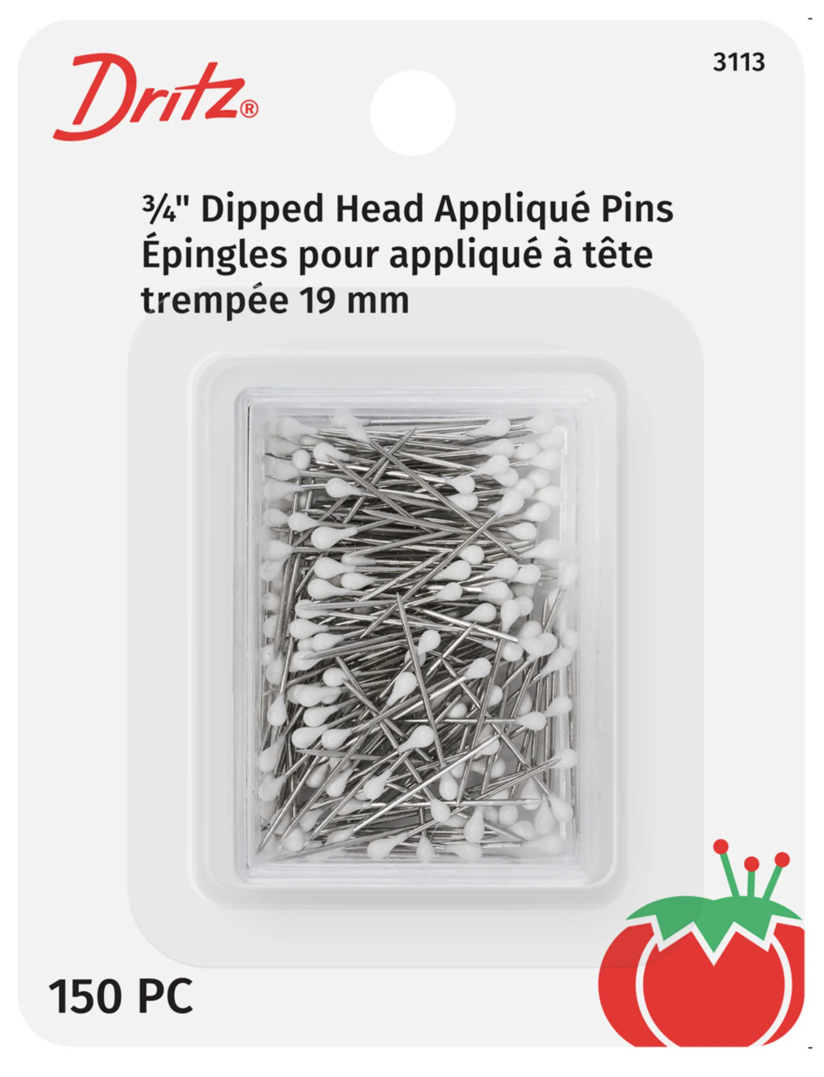 3/4" Dipped Head Applique Pins, White, 150 pc
