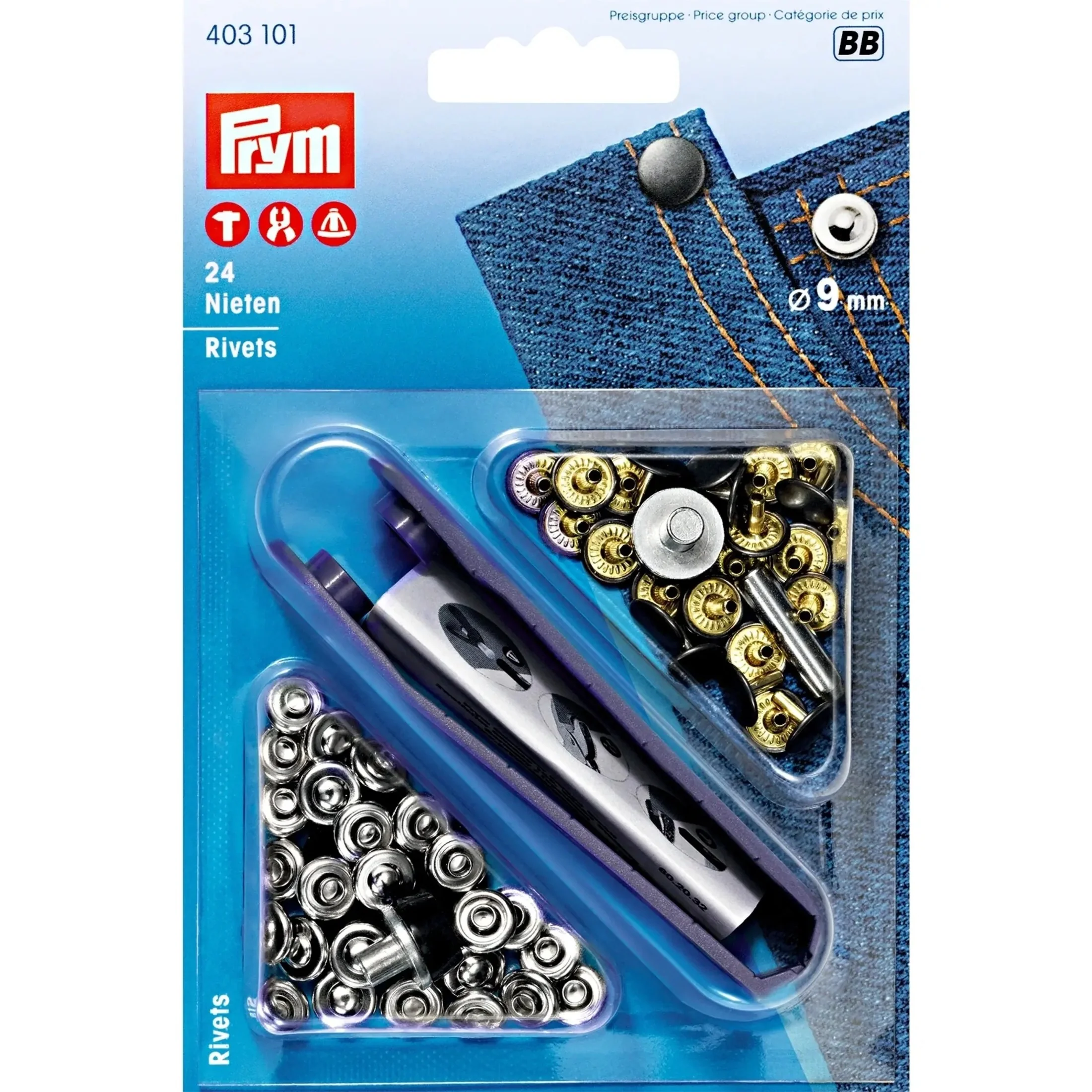 RIVETS 9 mm silver/antique steel with tools  24pc