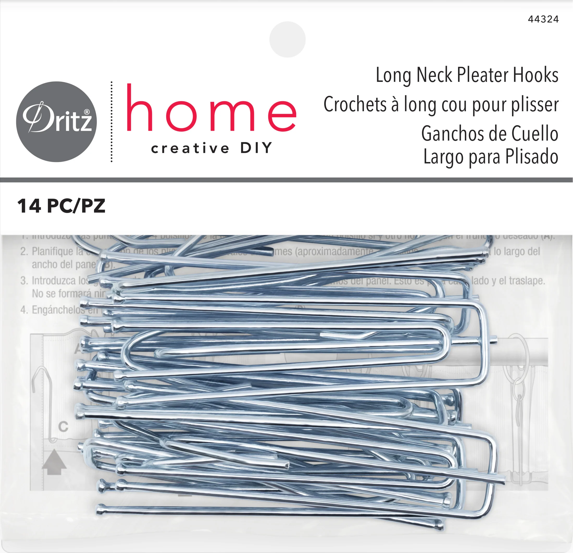 Long Neck Pleater Hooks, Silver, 14 pc