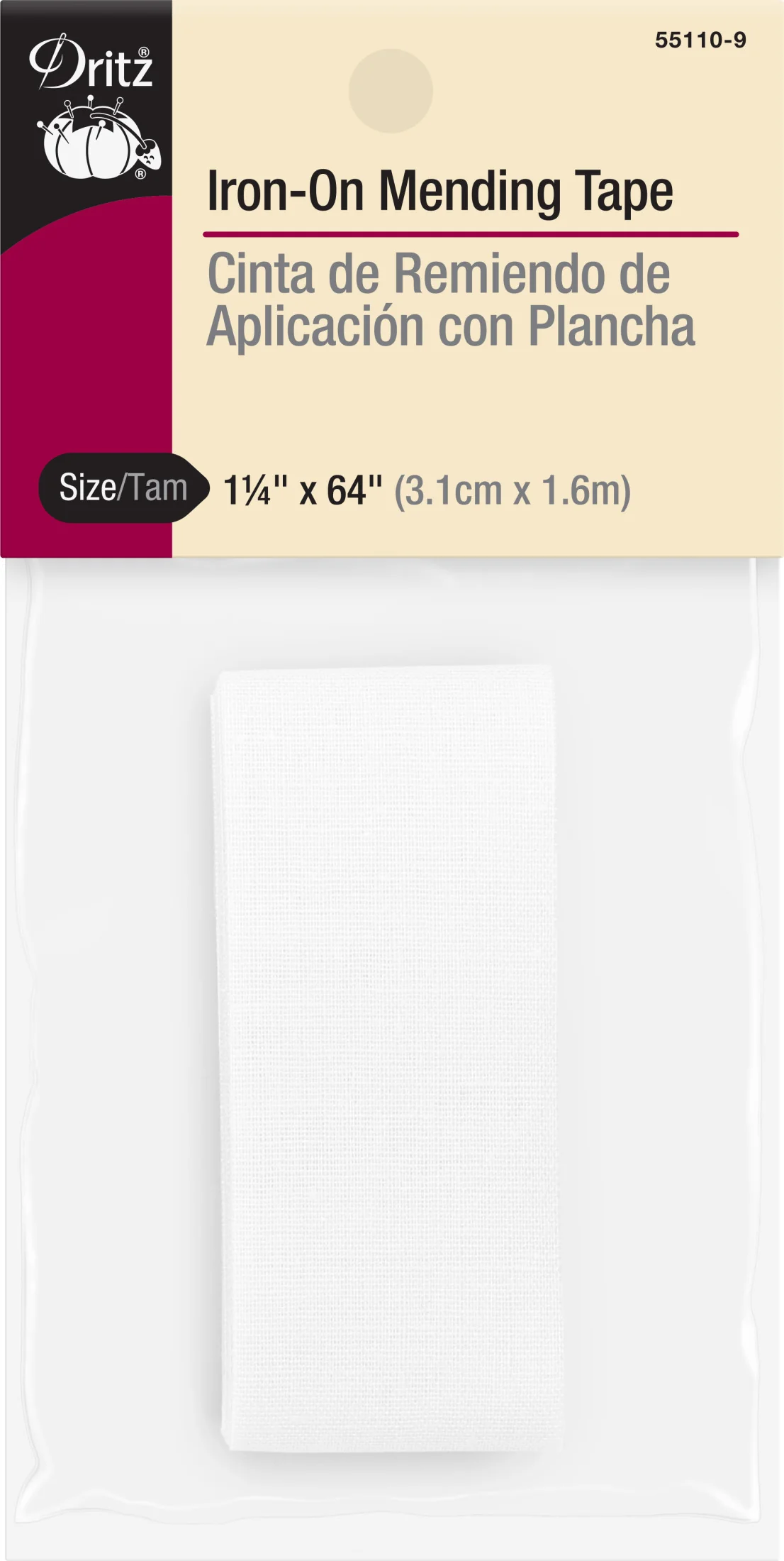 Iron-On Mending Tape, 1-1/4" x 64", White