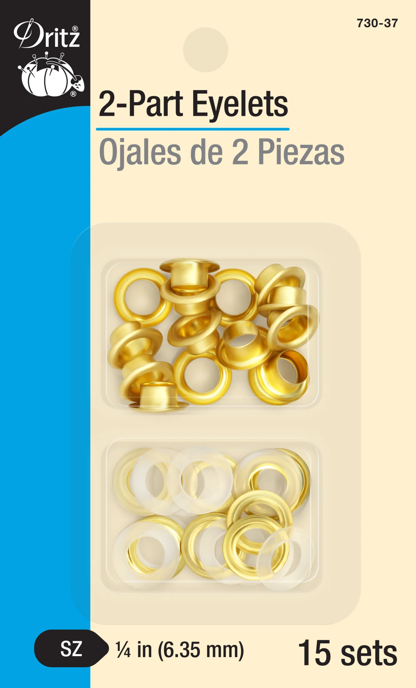 1/4" 2-Part Eyelets, 15 Sets, Matte Gold