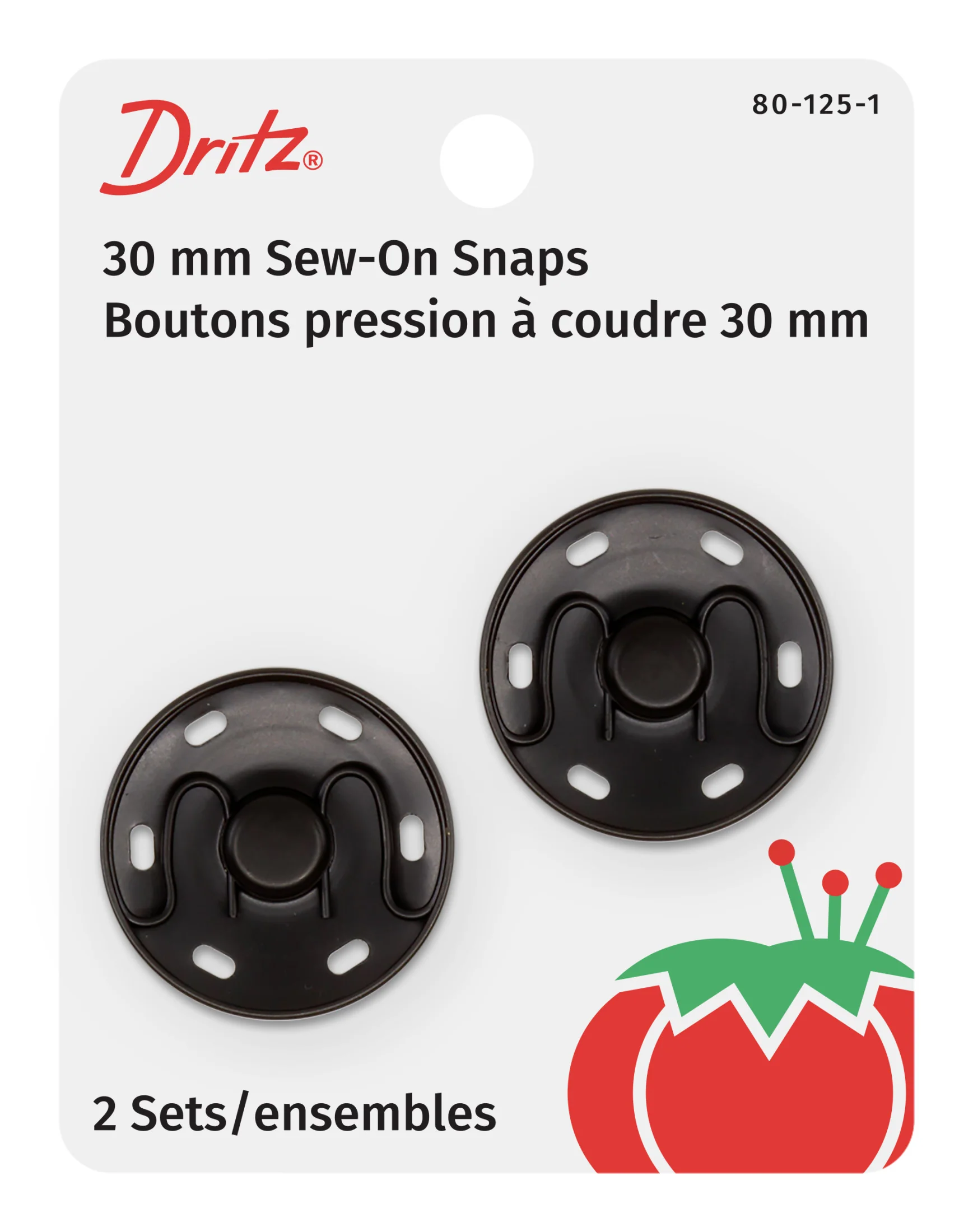 30mm Large Sew-On Snaps, 2 Sets, Black