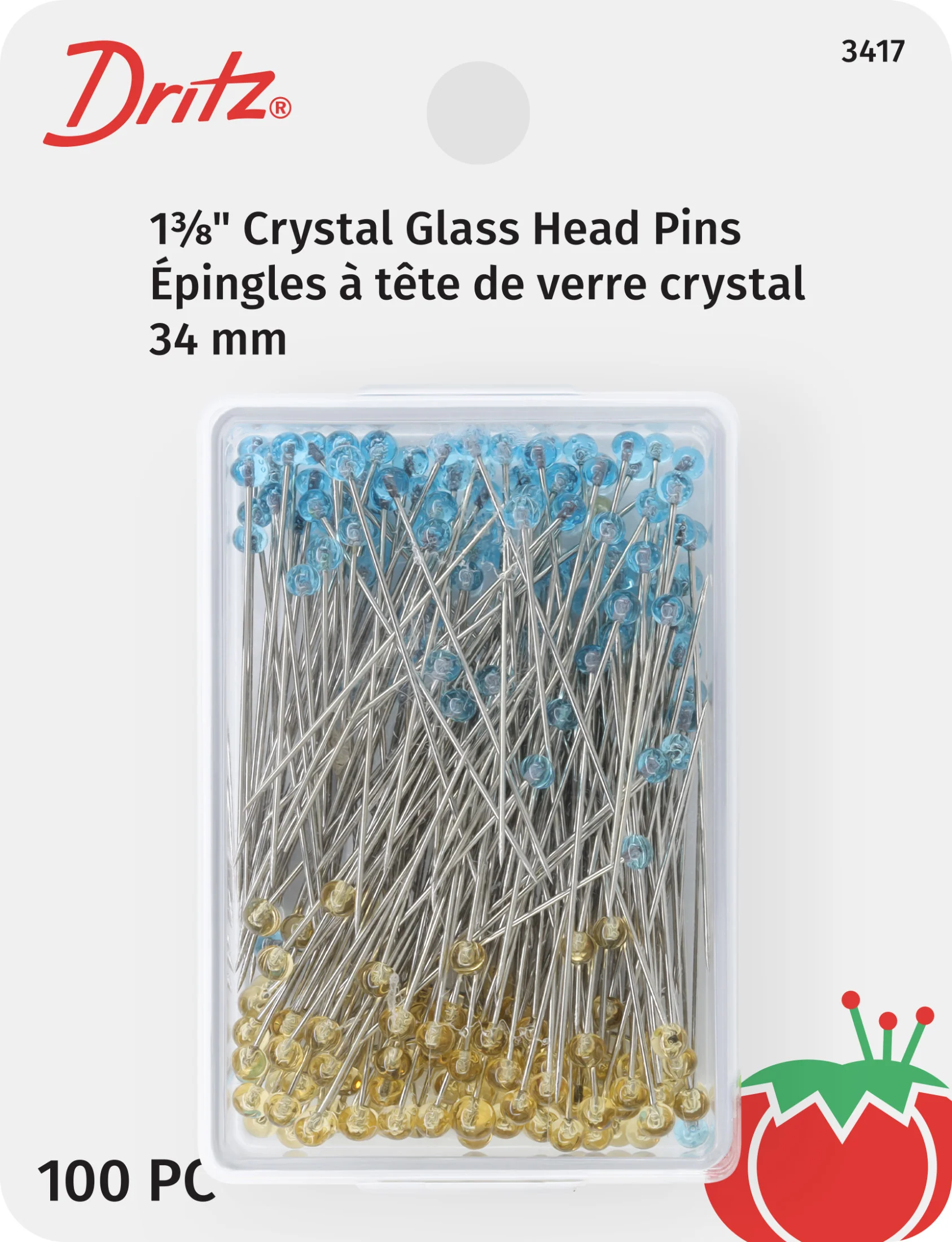 Crystal Glass Head Pins, Blue & Yellow, 100 pc