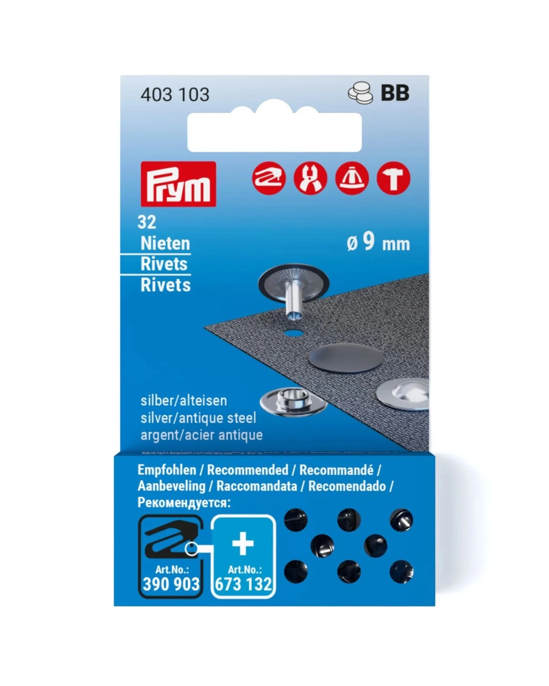 Non-Sew Rivets 9 mm Silver/Antique Steel, 32pc refill