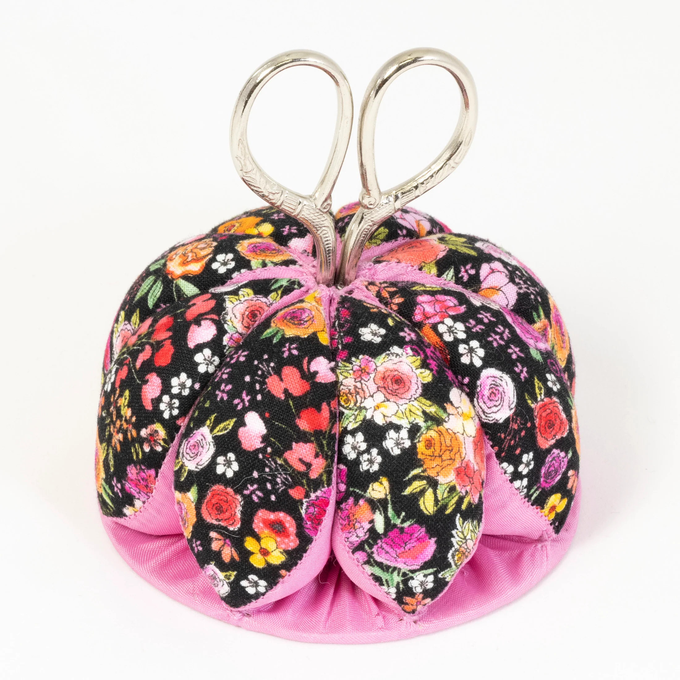 Pin Cushion with Scissors, Black Floral