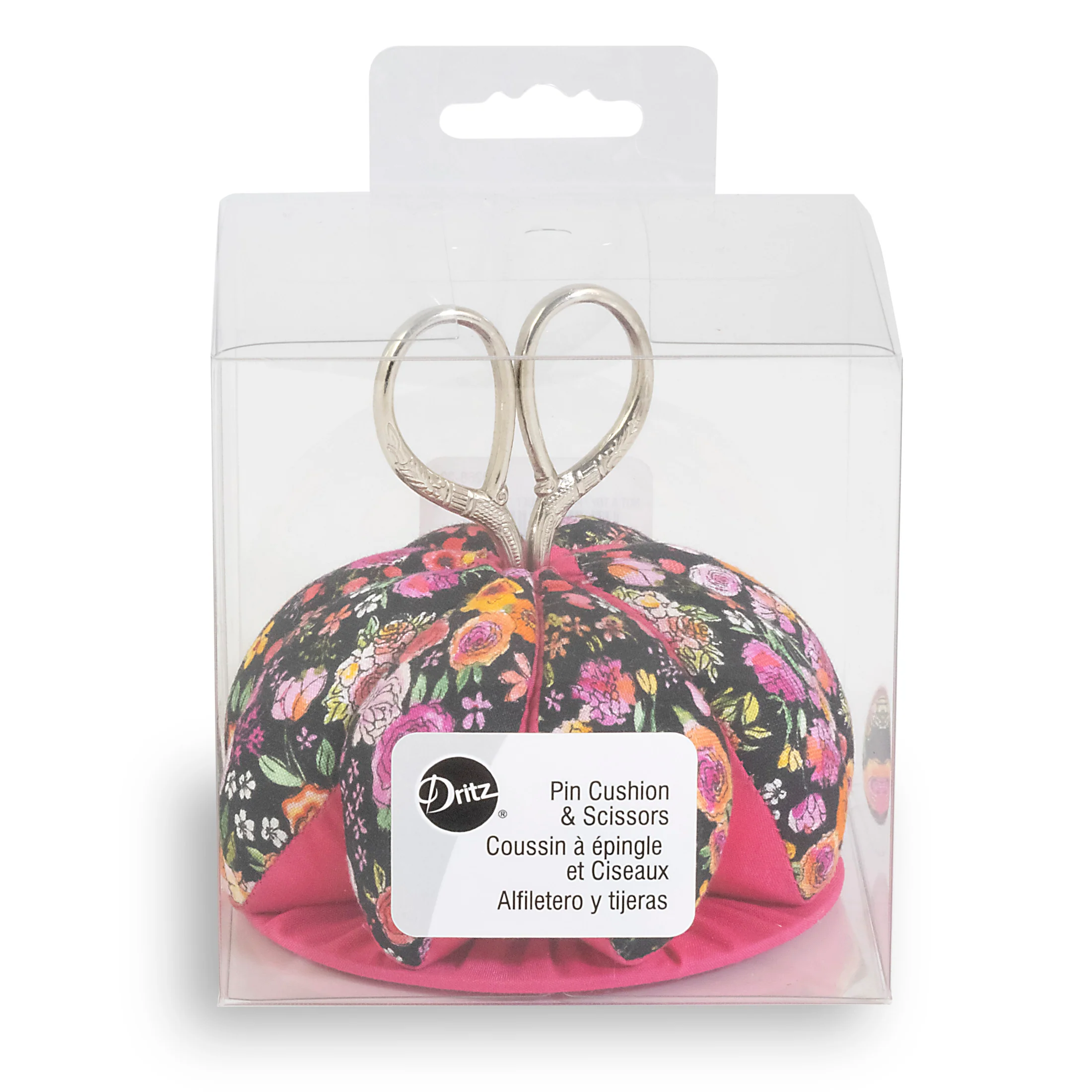Pin Cushion with Scissors, Black Floral - Image 2