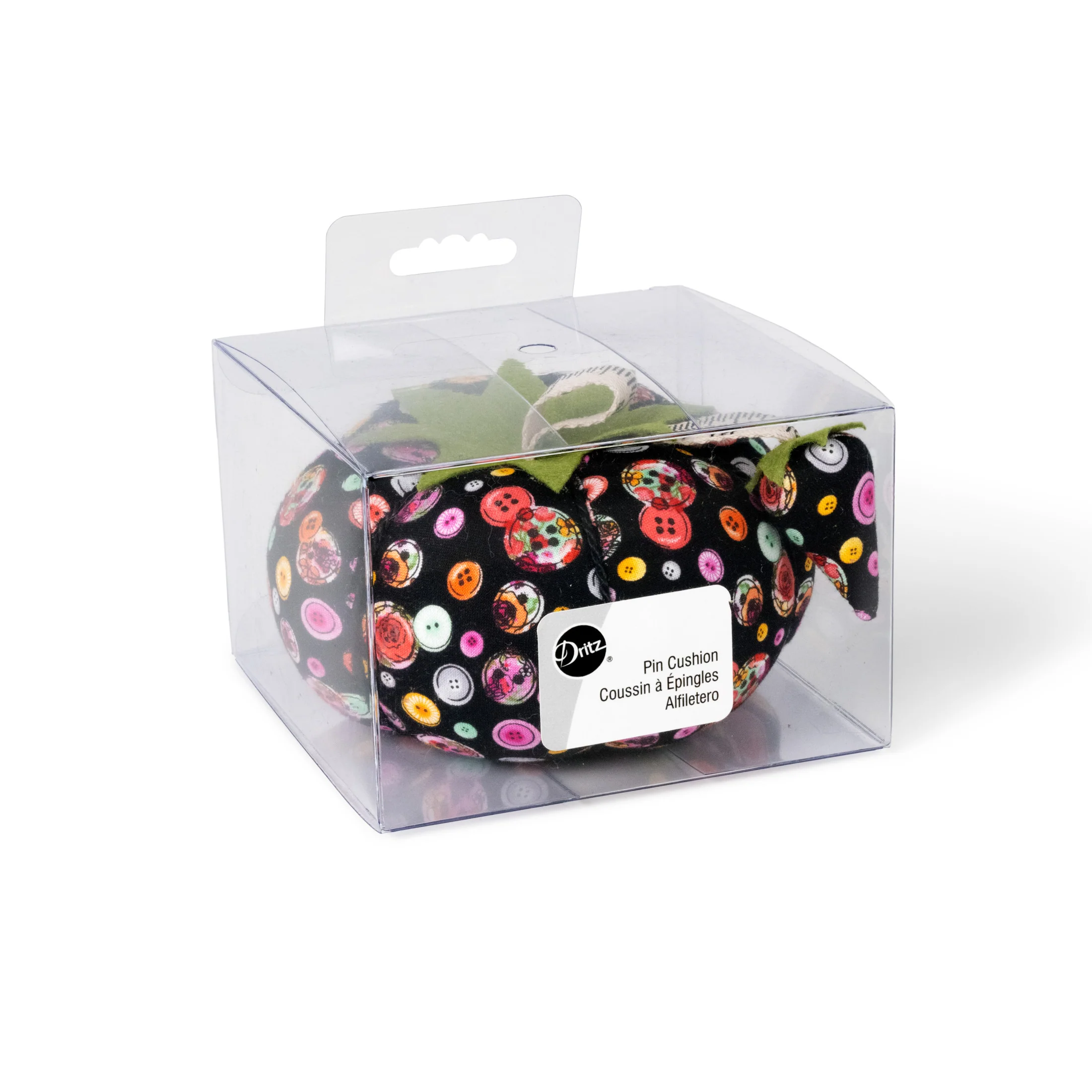 4" Tomato Pin Cushion, Black Button Print - Image 2