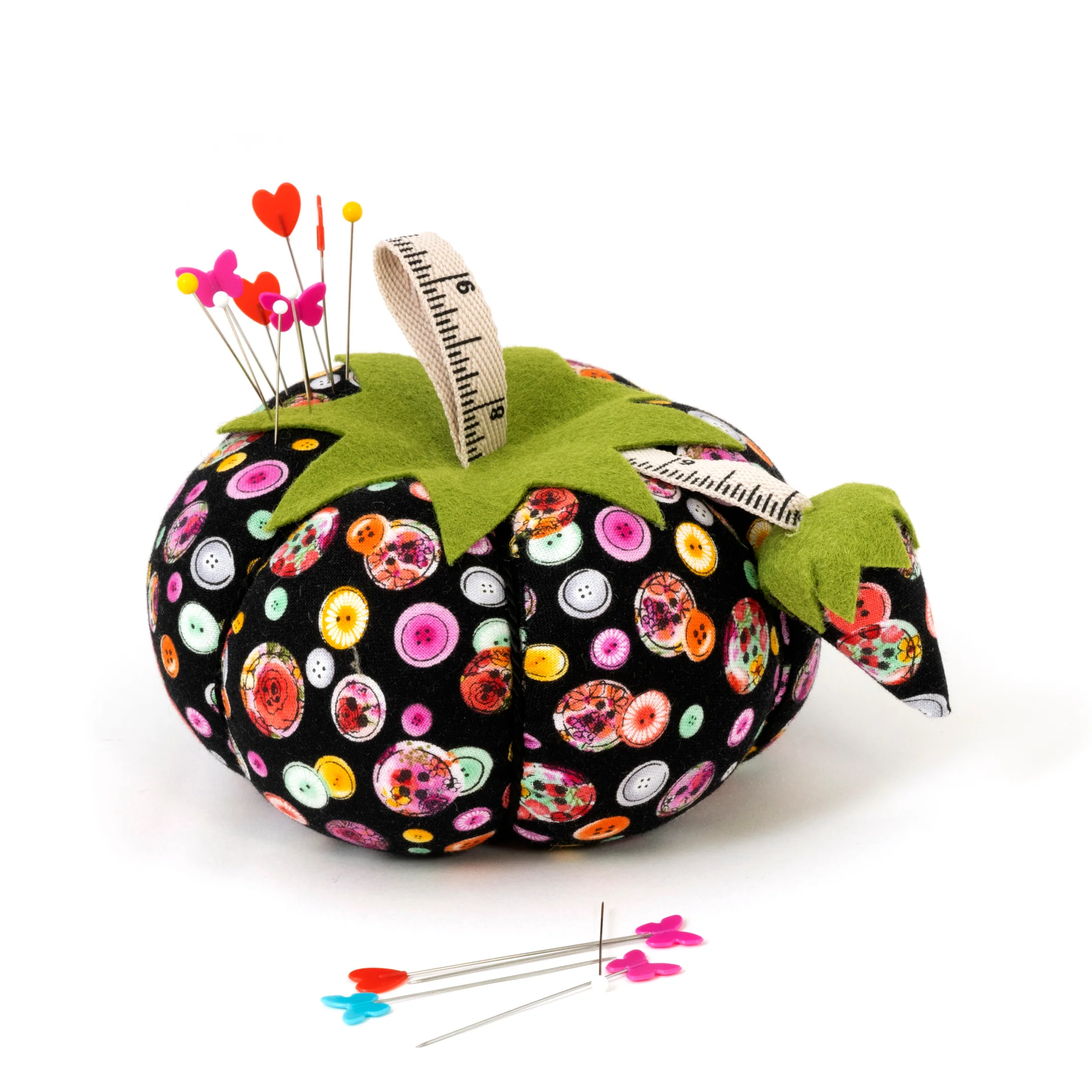 4" Tomato Pin Cushion, Black Button Print - Image 3